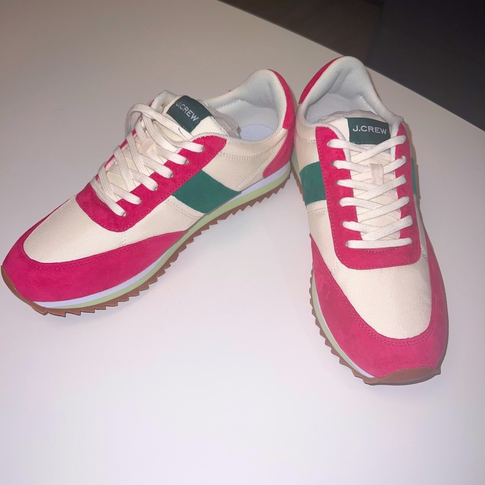 NWT Fuchsia and Kelly Green J.Crew joggers. Size 9.5. Wide foot friendly!